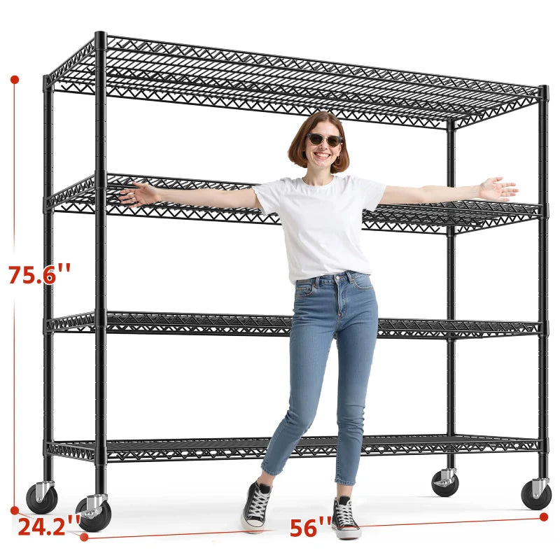 75.6"H x 56"W Mobile Wire Shelving Units, 2,600lbs Heavy Duty Steel Shelving Rack, Adjustable Storage Shelves for Garage Kichen Commercial