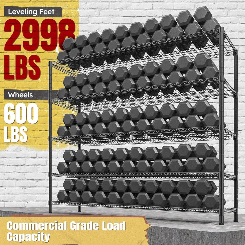 55.5"W Wire Shelving Unit With Wheels, 2998Lbs Metal Garage Shelves Adjustable, Wire Shelving Rack for Pantry Kitchen Basement