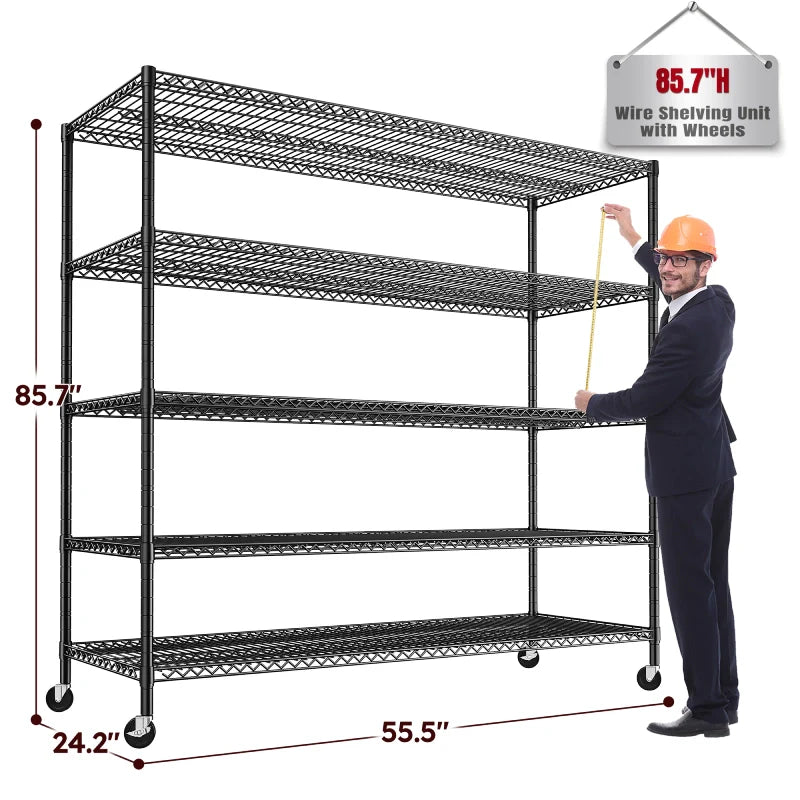 55.5"W Wire Shelving Unit With Wheels, 2998Lbs Metal Garage Shelves Adjustable, Wire Shelving Rack for Pantry Kitchen Basement