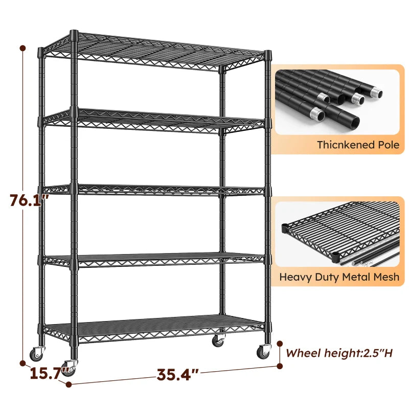35.5"W Metal Wire Shelving with Wheels, Adjustable Outdoor Shelves with Casters for Kitchen, Pantry & Dorm