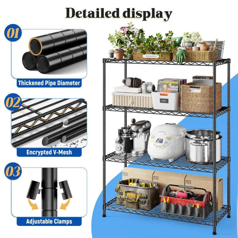 3-Shlef Metal Shelves, Adjustable Steel Wire Shelving Units, Storage Rack for Kitchen Pantry Closet Dorm