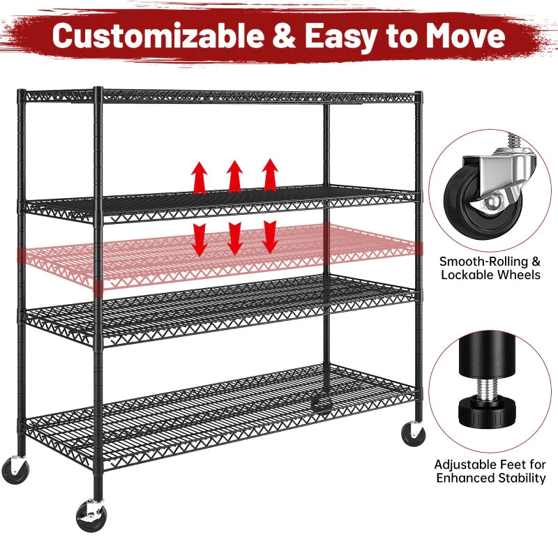 75.6"H x 56"W Mobile Wire Shelving Units, 2,600lbs Heavy Duty Steel Shelving Rack, Adjustable Storage Shelves for Garage Kichen Commercial