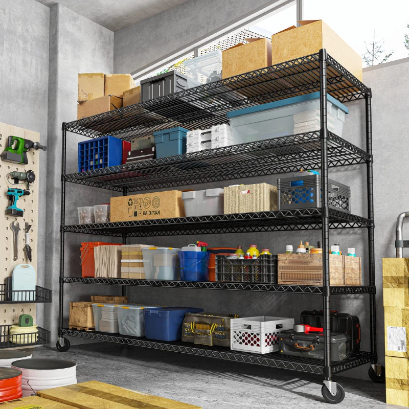60" W Steel Wire Shelving Units on Wheels, 5-Tier Adjustable, 3200lbs Heavy Duty Storage Shelves for Garage Kitchen Pantry Commercial