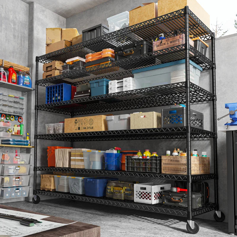 60''W X 82.6" H Wire Shelves on Wheels, 3598 lbs Heavy Duty Commercial Shelving Rack, Adjustable Steel Shelves for Kitchen Pantry