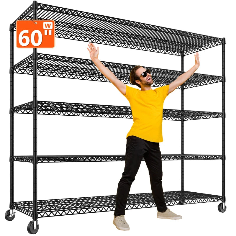 60" W Steel Wire Shelving Units on Wheels, 5-Tier Adjustable, 3200lbs Heavy Duty Storage Shelves for Garage Kitchen Pantry Commercial