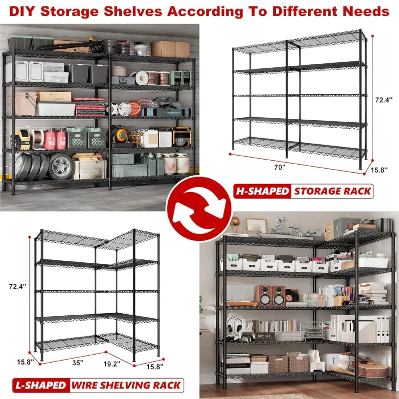 72"H Wire Shelving, 1600Lbs Metal L Shaped Shelves Adjustable, 70"W Storage Racks for Pantry Kitchen