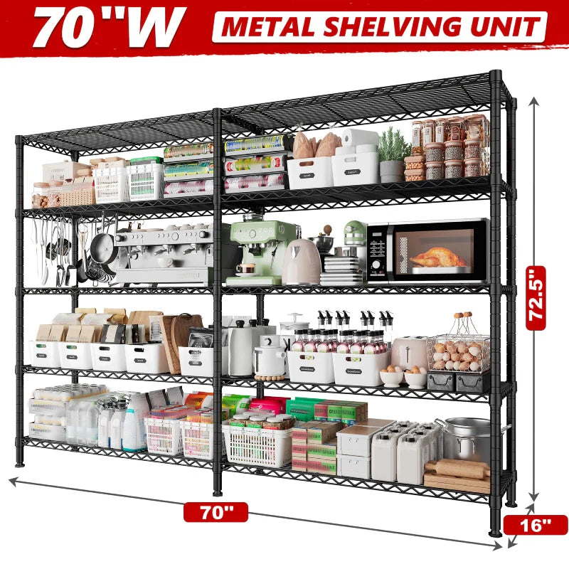 72"H Wire Shelving, 1600Lbs Metal L Shaped Shelves Adjustable, 70"W Storage Racks for Pantry Kitchen