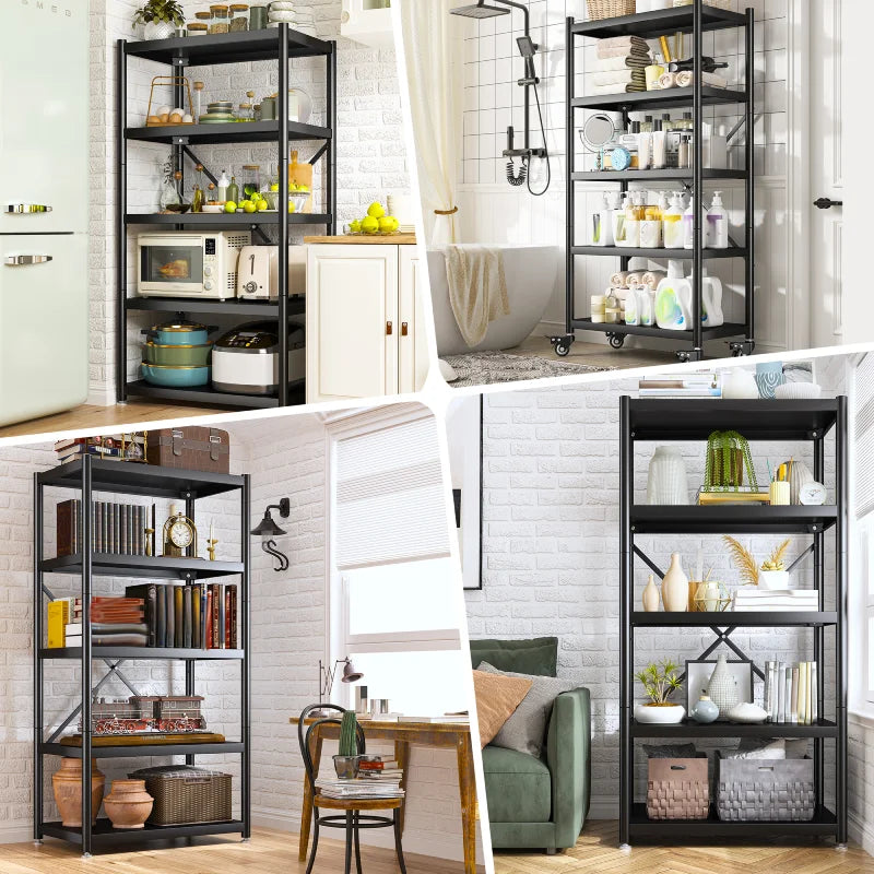 5-Tier BookShelf Steel Wire Shelving with Wheels 31.5"W Living Room Rack WaterProof Bathroom Storage Shelf