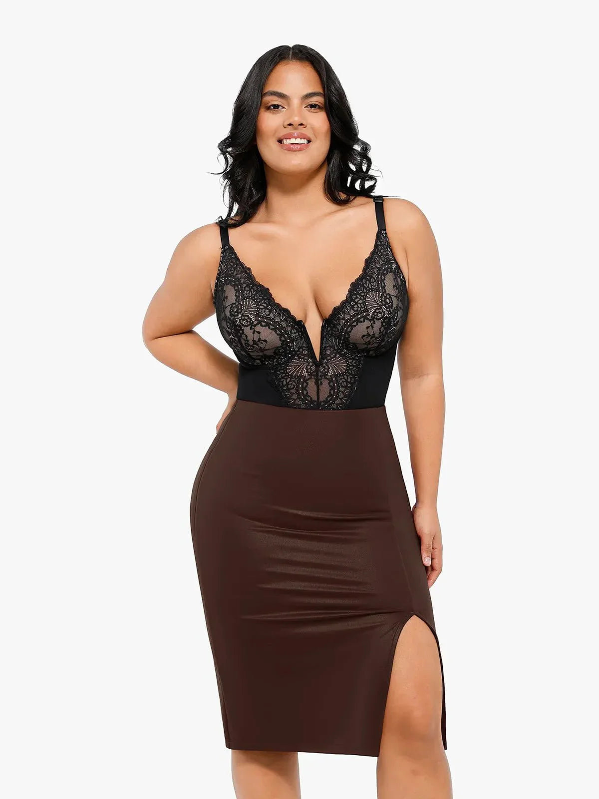 【🔥Big Sale🔥】【80% off for a limited time】Shapewear Lace Deep-V Neck Bodysuits or Faux Leather Skirts