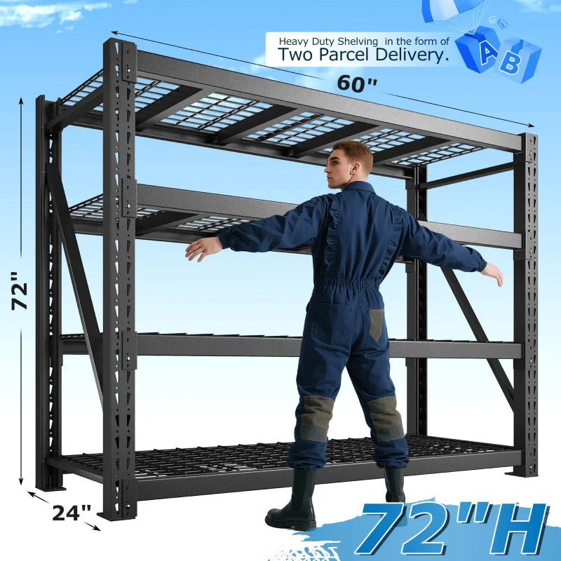 60"W 11000LBS Ultra Heavy-Duty Garage Shelving 72" H Industrial Shelving Adjustable 4-Tier Metal Garage Shelving Unit for Warehouse, Commercial, Shop, Basement