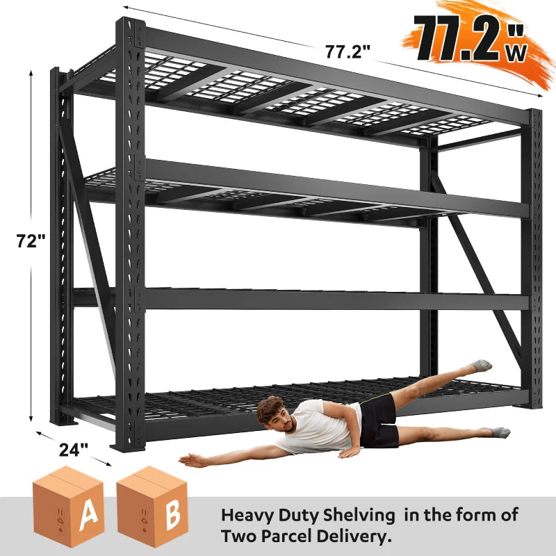 shelves 4-Tier Industrial Storage Rack 77.2"W 8500LBS Shelves with Metal Heavy Duty Garage Shelving Adjustable Shelving for Warehouse, Industrial, basement, Laboratory