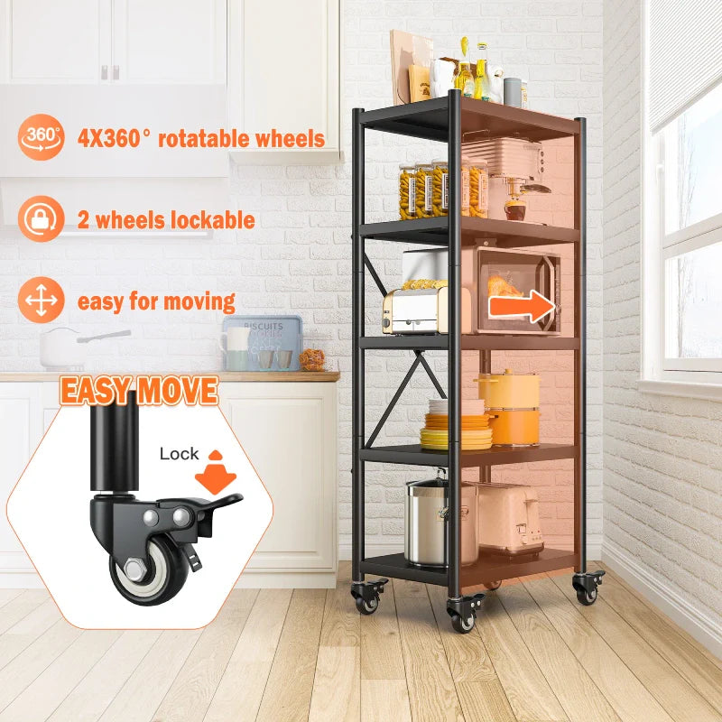 5-Tier BookShelf Steel Wire Shelving with Wheels 31.5"W Living Room Rack WaterProof Bathroom Storage Shelf