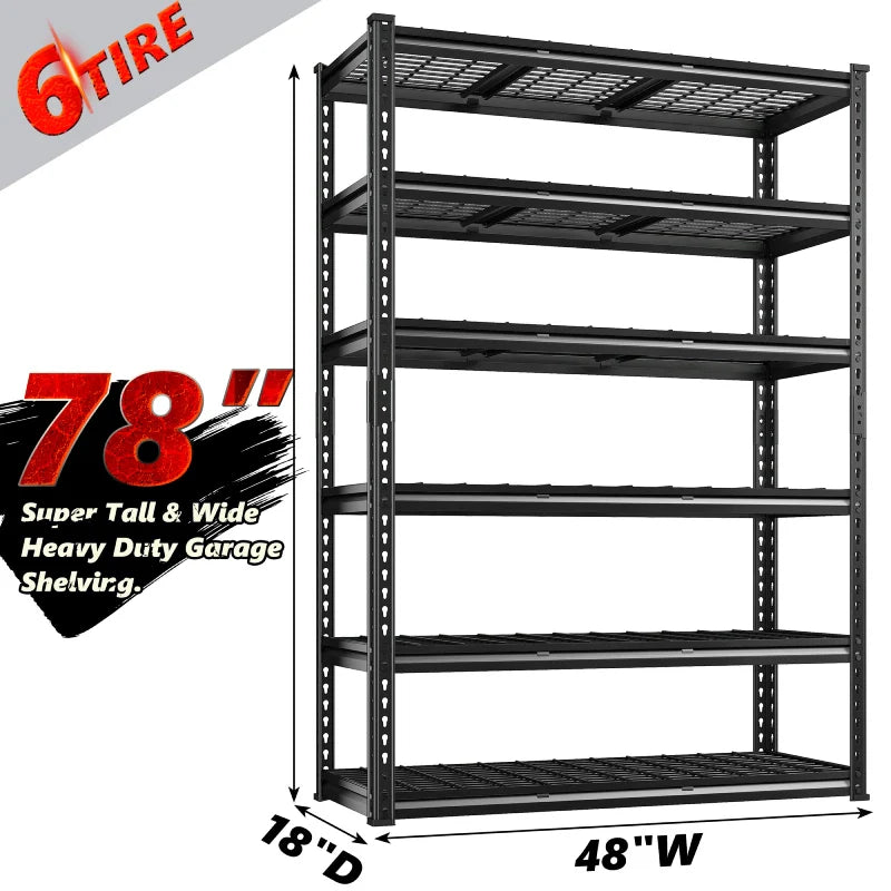 48"in x 18"in Heavy Duty Metal Shelving 3300LBS Industrial Storage Shelves 6 Tires Black Shelves Adjustable Shelving food store shelves for Garage,Warehouse,Basement