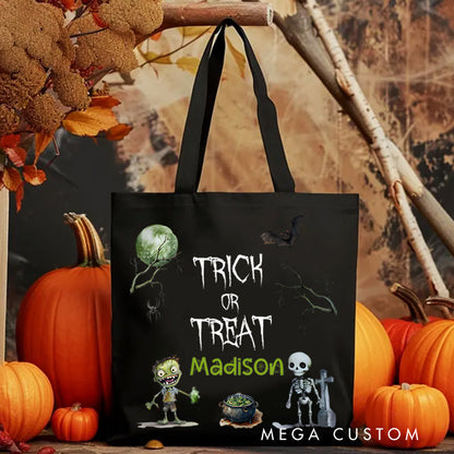 【🔥Big Sale🔥】Personalized Trick or Treat Illustration Featuring Skeleton Bat and Name for a Creepy Halloween Decoration Tote Bag