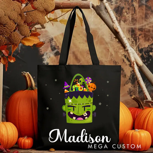 【🔥Big Sale🔥】Personalized Frankenstein Illustration Featuring Name for a Fun and Spooky Halloween Celebration Tote Bag