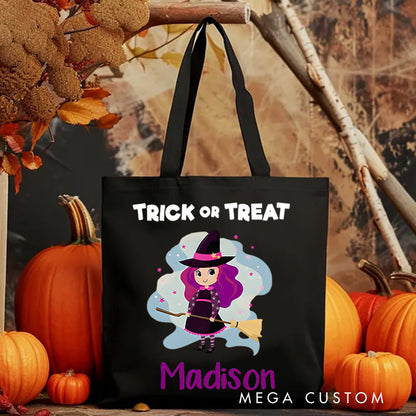 【🔥Big Sale🔥】Personalized Witch Trick or Treat Illustration Featuring Name for a Fun and Spooky Halloween Celebration Tote Bag