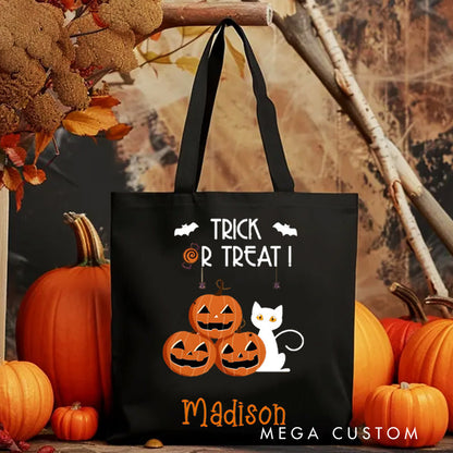 【🔥Big Sale🔥】Personalized Trick or Treat Featuring Pumpkins Cats and Bats for a Fun Halloween Accent Tote Bag