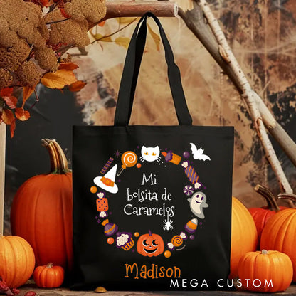 【🔥Big Sale🔥】Personalized Halloween Treat Wreath Featuring Candy Pumpkins and Cats for a Festive Celebration Tote Bag