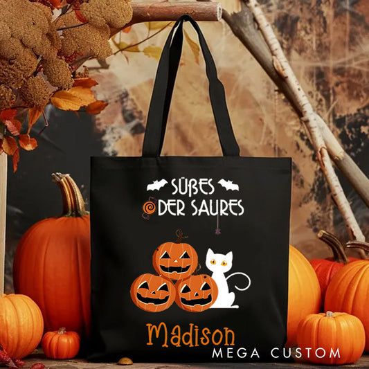 【🔥Big Sale🔥】Personalized Trick or Treat Featuring Pumpkins Cats and Ghosts for a Fun Halloween Accent Tote Bag