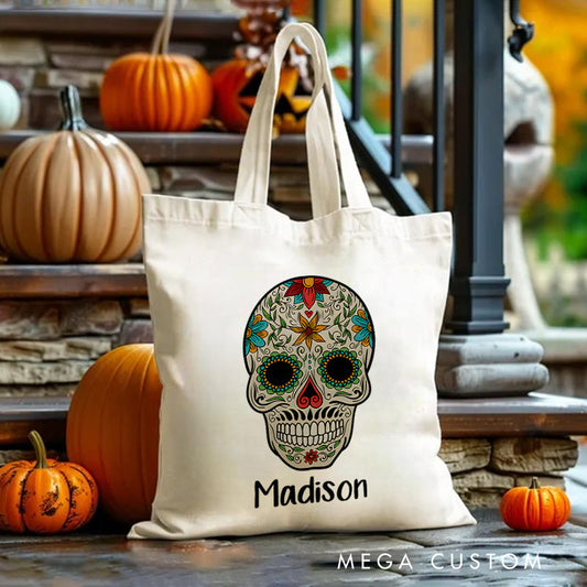 【🔥Big Sale🔥】Personalized Sugar Skull Illustration Featuring Name for a Colorful and Festive Halloween Decoration Tote Bag