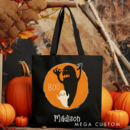 【🔥Big Sale🔥】Personalized Boo Ghost Illustration Featuring Name with Orange Background for a Fun Halloween Celebration Tote Bag