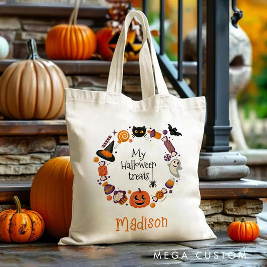 【🔥Big Sale🔥】Personalized Halloween Treat Wreath Featuring Pumpkins Ghosts and Cats for a Festive Celebration Tote Bag