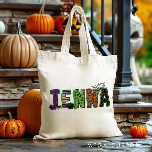 【🔥Big Sale🔥】Personalized Halloween Canvas Tote Bag Kids Trick or Treat Bag School Halloween Kids Gift Toddler Goodie Food Bag