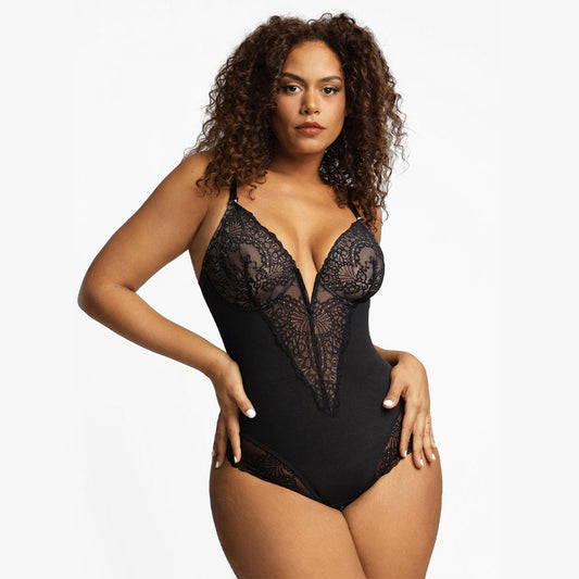 【🔥Big Sale🔥】【80% off for a limited time】Shapewear Lace Deep-V Neck Bodysuits or Faux Leather Skirts