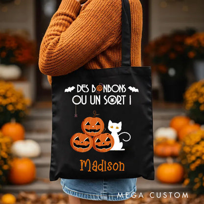 【🔥Big Sale🔥】Personalized Trick or Treat Featuring Pumpkins Cats and Bats for a Fun Halloween Decoration Tote Bag