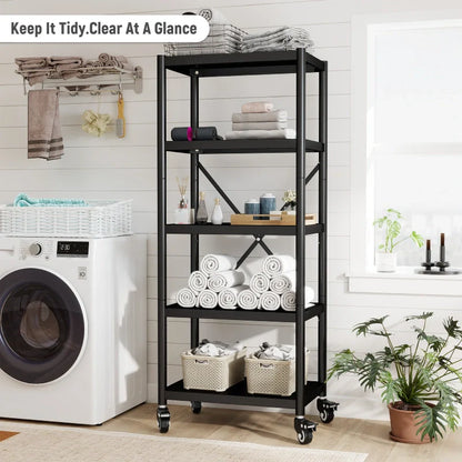 5-Tier BookShelf Steel Wire Shelving with Wheels 31.5"W Living Room Rack WaterProof Bathroom Storage Shelf