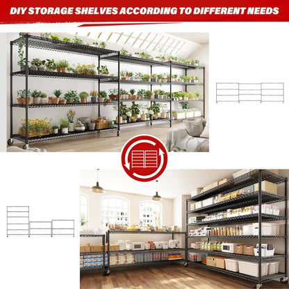 60''W X 82.6" H Wire Shelves on Wheels, 3598 lbs Heavy Duty Commercial Shelving Rack, Adjustable Steel Shelves for Kitchen Pantry