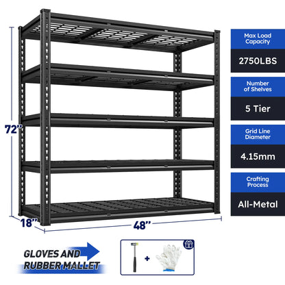 Food Store Shelves 5-Tier Adjustable Shelving 48"W x 72"H 2750 LBS for kitchen, Warehouse, Basement, Workshop