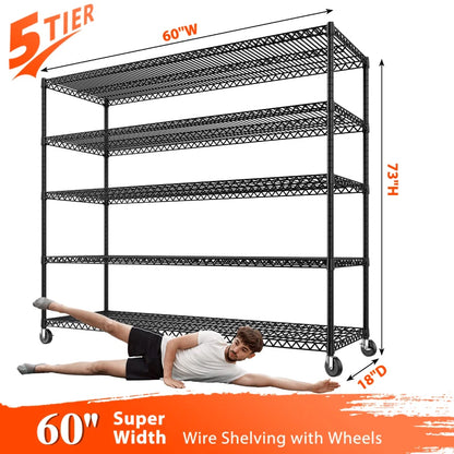 60" W Steel Wire Shelving Units on Wheels, 5-Tier Adjustable, 3200lbs Heavy Duty Storage Shelves for Garage Kitchen Pantry Commercial