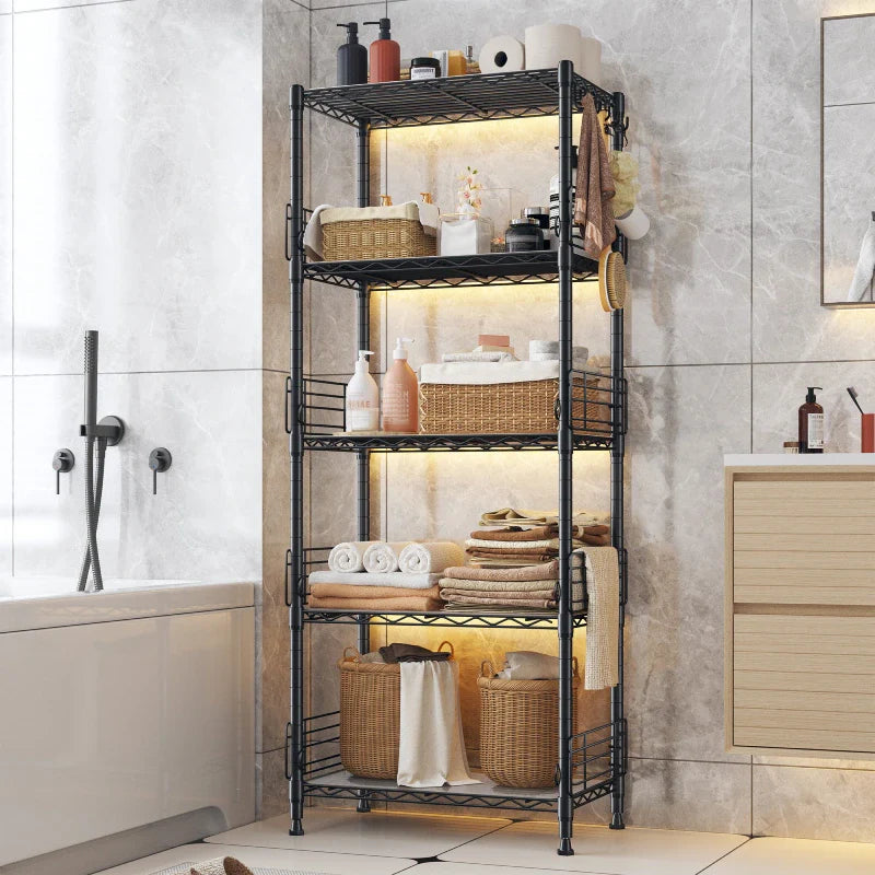 21.7"W Wire Shelving Units, 5-Tier Adjustable Metal Shelves with 5 Hooks & Shelf Liners, Storage Rack for Pantry Bathroom Dorm