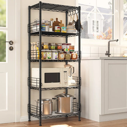 21.7"W Wire Shelving Units, 5-Tier Adjustable Metal Shelves with 5 Hooks & Shelf Liners, Storage Rack for Pantry Bathroom Dorm