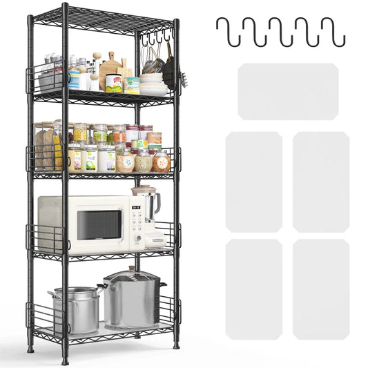 21.7"W Wire Shelving Units, 5-Tier Adjustable Metal Shelves with 5 Hooks & Shelf Liners, Storage Rack for Pantry Bathroom Dorm