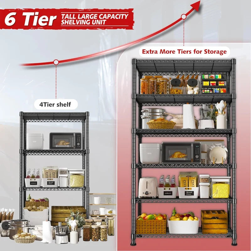 35"W Wire Storage Shelving Units, 6-Tier Adjustable, 1000lbs Metal Shelf for Kitchen Pantry Basement
