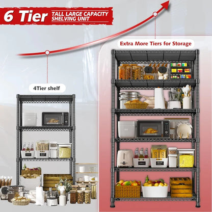 35"W Wire Storage Shelving Units, 6-Tier Adjustable, 1000lbs Metal Shelf for Kitchen Pantry Basement