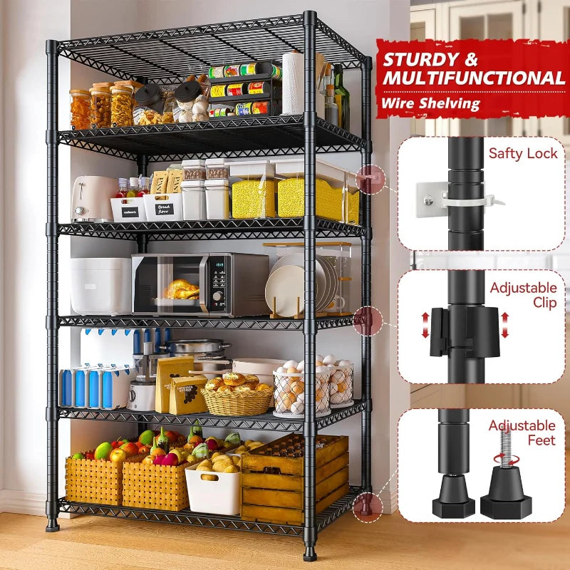 35"W Wire Storage Shelving Units, 6-Tier Adjustable, 1000lbs Metal Shelf for Kitchen Pantry Basement