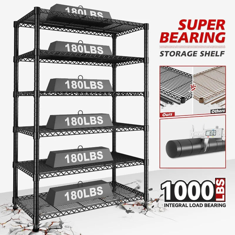 35"W Wire Storage Shelving Units, 6-Tier Adjustable, 1000lbs Metal Shelf for Kitchen Pantry Basement