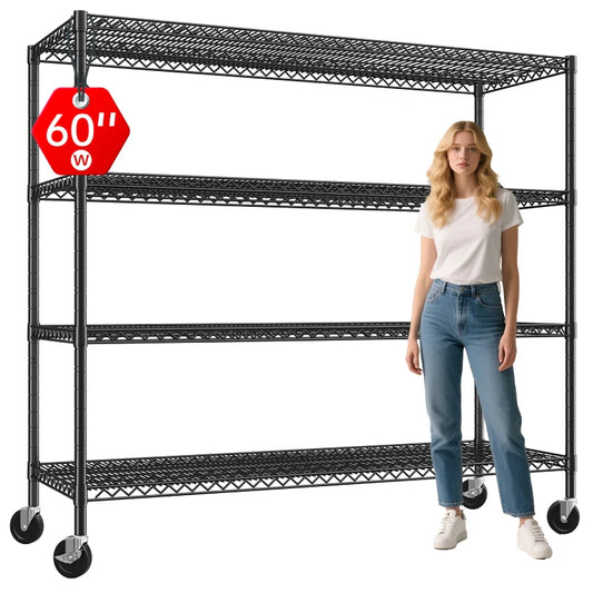 60" W Wire Rack Shelving on Wheels, 2878lbs Heavy Duty Metal Shelves Adjustable, Commercial Shelves for Garage Pantry Kitchen