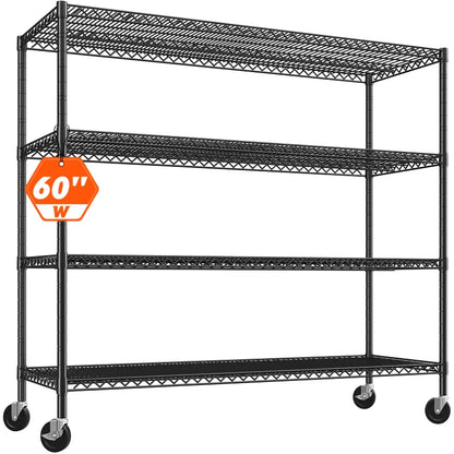 60" W Wire Rack Shelving on Wheels, 2878lbs Heavy Duty Metal Shelves Adjustable, Commercial Shelves for Garage Pantry Kitchen
