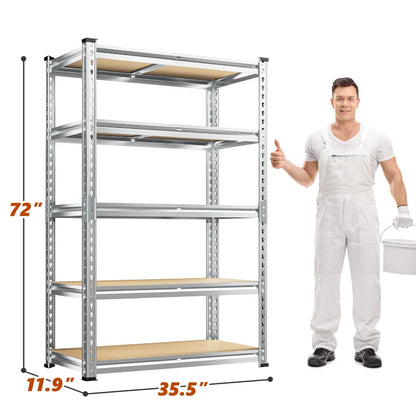 35.5"W Garage Shelving, 5-Tier Adjustable Metal Shelves, Storage Rack for Kitchen Pantry Basement, Galvanized