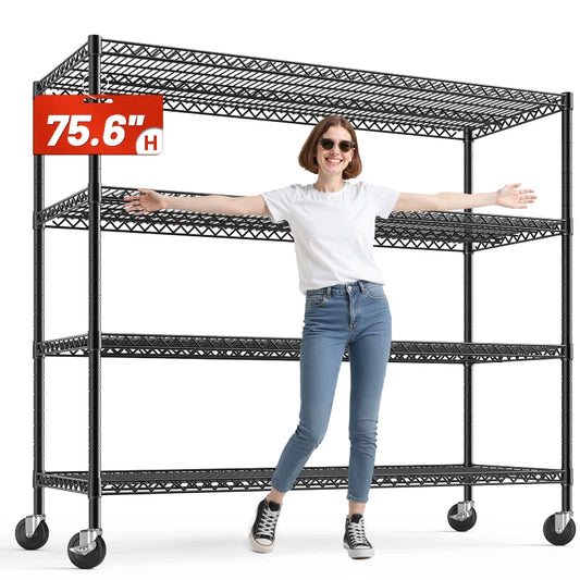 75.6"H x 56"W Mobile Wire Shelving Units, 2,600lbs Heavy Duty Steel Shelving Rack, Adjustable Storage Shelves for Garage Kichen Commercial