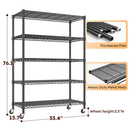 35.5"W Metal Wire Shelving with Wheels, Adjustable Outdoor Shelves with Casters for Kitchen, Pantry & Dorm