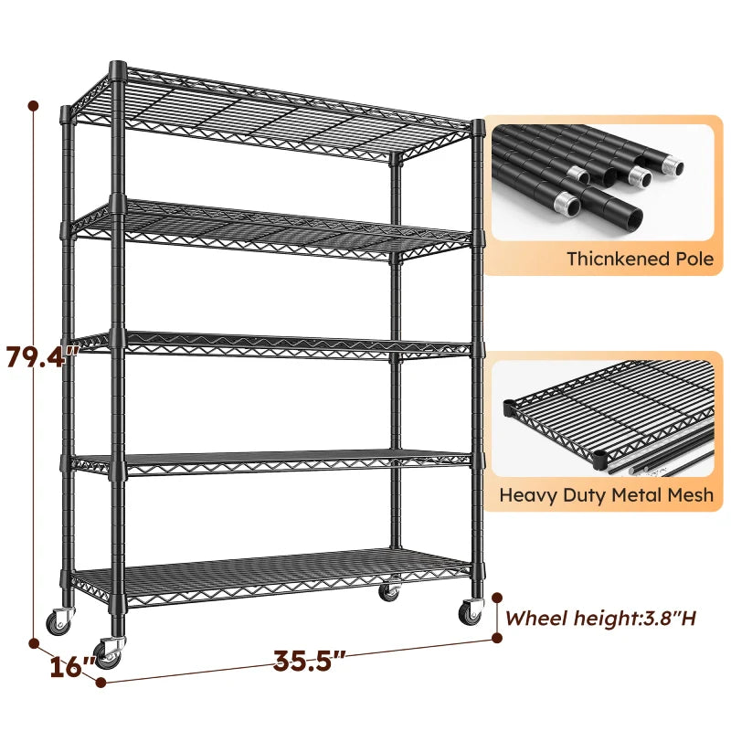 35.5"W Metal Wire Shelving with Wheels, Adjustable Outdoor Shelves with Casters for Kitchen, Pantry & Dorm
