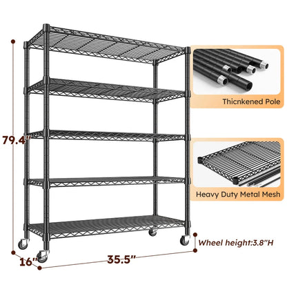 35.5"W Metal Wire Shelving with Wheels, Adjustable Outdoor Shelves with Casters for Kitchen, Pantry & Dorm