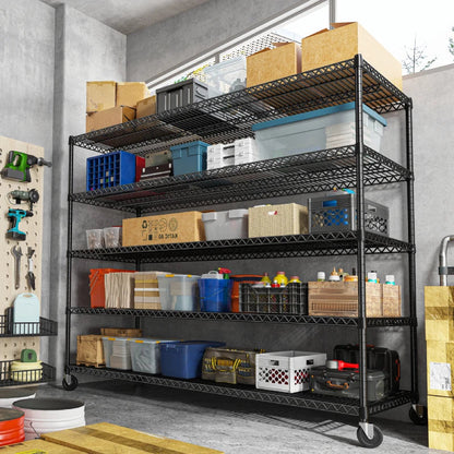 60" W Steel Wire Shelving Units on Wheels, 5-Tier Adjustable, 3200lbs Heavy Duty Storage Shelves for Garage Kitchen Pantry Commercial