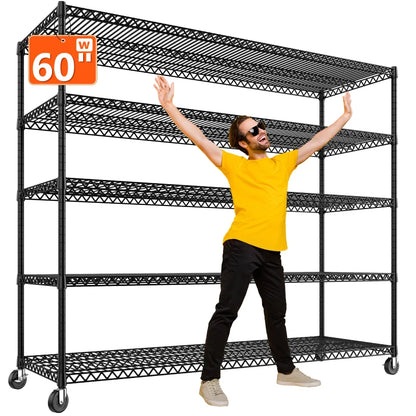 60" W Steel Wire Shelving Units on Wheels, 5-Tier Adjustable, 3200lbs Heavy Duty Storage Shelves for Garage Kitchen Pantry Commercial