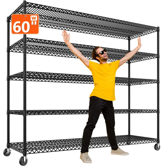 60" W Steel Wire Shelving Units on Wheels, 5-Tier Adjustable, 3200lbs Heavy Duty Storage Shelves for Garage Kitchen Pantry Commercial